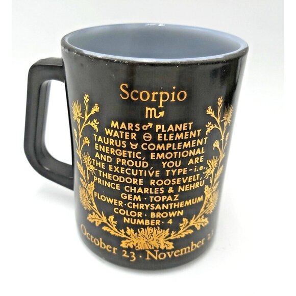 Federal Glass Zodiac Mug-Black and Gold-Milk Glass-1970s-Scorpio the Scorpion - Picture 2 of 3